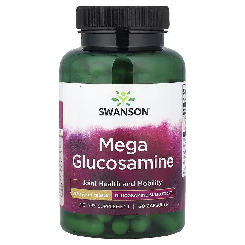 Glucosamine supplement bottle with dark cap, green bottle and SWANSON Mega Glucosamine label