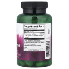 Glucosamine supplement bottle with dark cap, green bottle and back Supplement Facts label