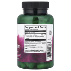 Glucosamine supplement bottle with dark cap, green bottle and back Supplement Facts label