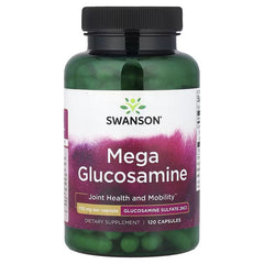 Glucosamine supplement bottle with dark cap, green bottle and SWANSON Mega Glucosamine label