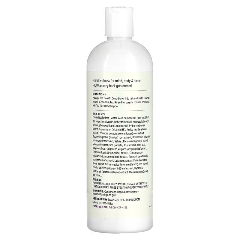 Swanson tea tree oil conditioner bottle, back label side, white bottle with pump cap