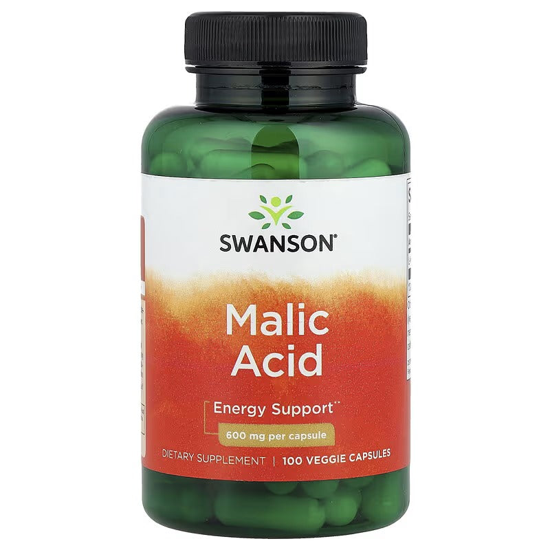 Swanson Malic Acid supplement bottle, 600 mg veg capsules, black cap, green label