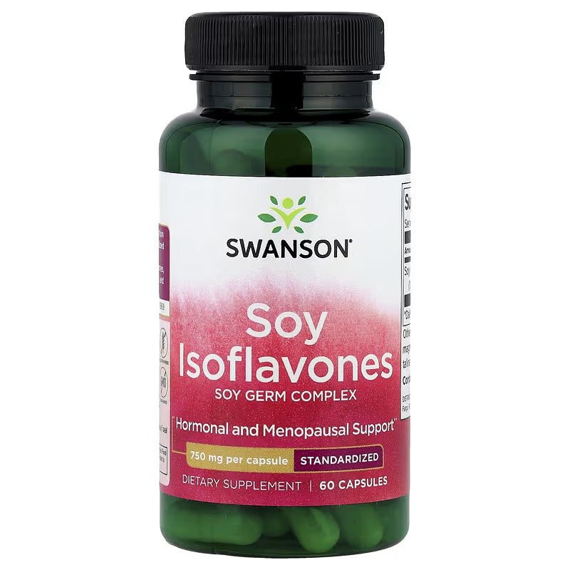 Soy isoflavones 750 mg supplement bottle, 60 capsules, green capsules visible
