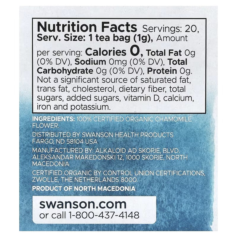 Chamomile caffeine-free organic herbal tea package back with nutrition facts panel