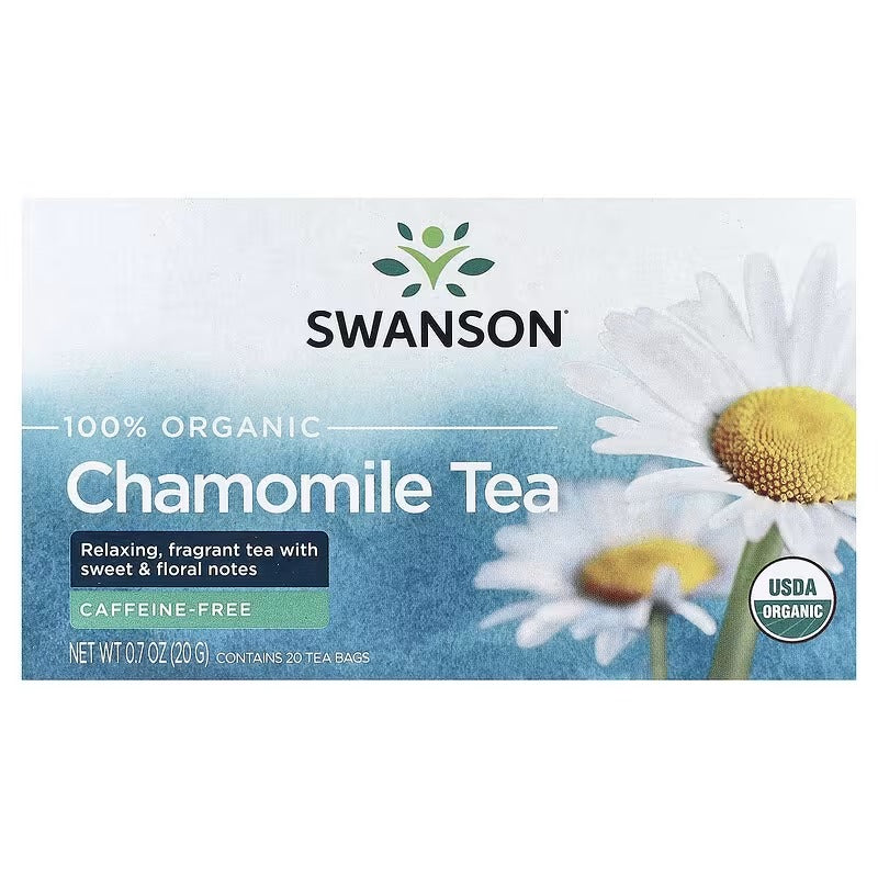 Chamomile caffeine-free organic herbal tea box with flower and USDA organic seal
