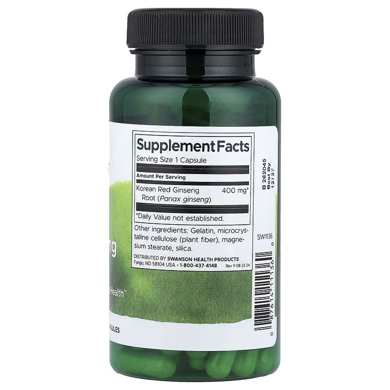 Swanson ginseng supplement bottle, back label with Supplement Facts and 400 mg per capsule