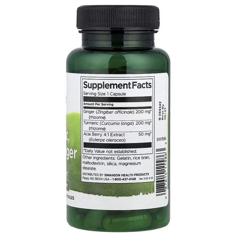 Turmeric Acai & Ginger supplement facts label on bottle, serving size 1 capsule