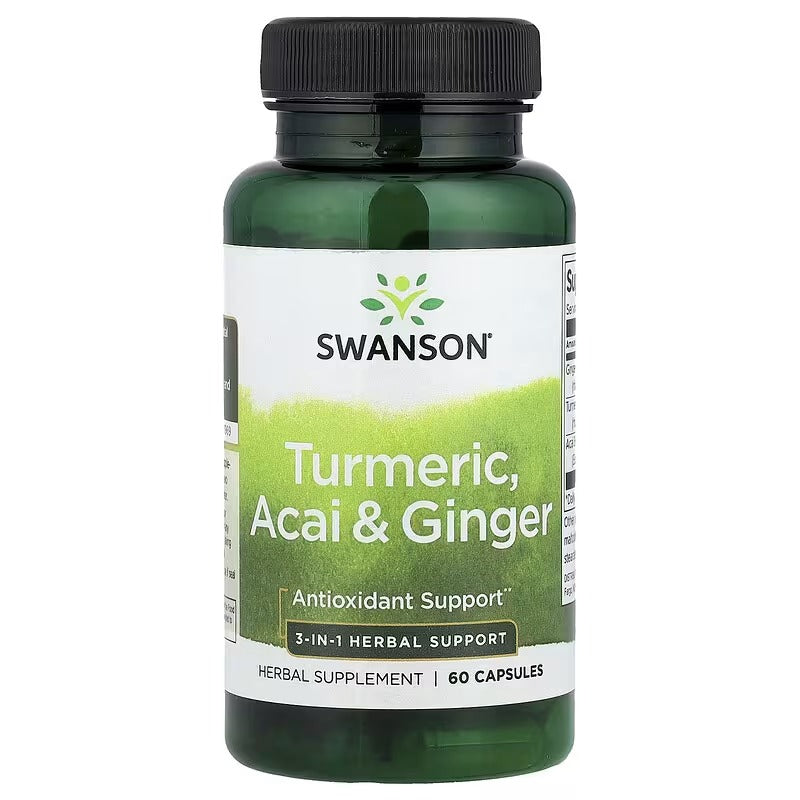Herbal supplement bottle for Turmeric, Acai & Ginger, 60 capsules, black cap
