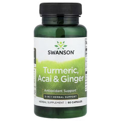 Herbal supplement bottle for Turmeric, Acai & Ginger, 60 capsules, black cap