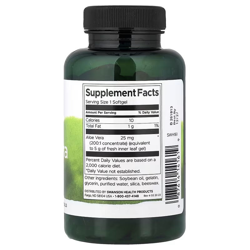 Swanson Aloe Vera 25 mg softgels bottle back Supplement Facts and ingredients