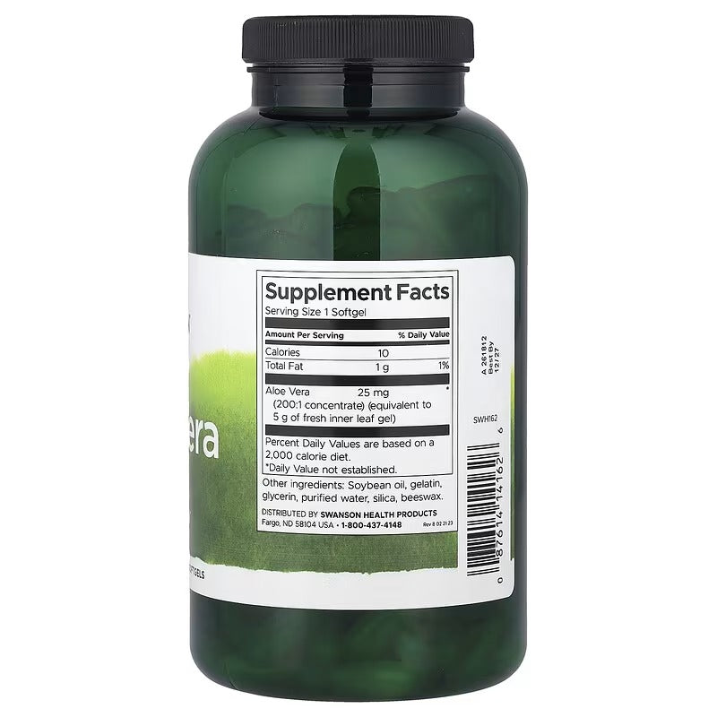 Swanson Aloe Vera 25 mg softgels bottle back label with Supplement Facts panel