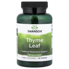 Thyme leaf herbal supplement bottle with black cap and green label, 120 capsules