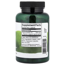 Thyme extract supplement facts bottle back label, green bottle with black cap