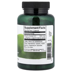 Thyme extract supplement facts bottle back label, green bottle with black cap