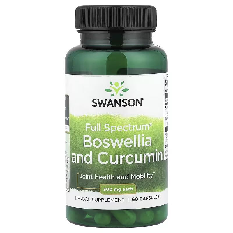 Herbal supplement bottle with black ribbed cap, labeled Boswellia and Curcumin