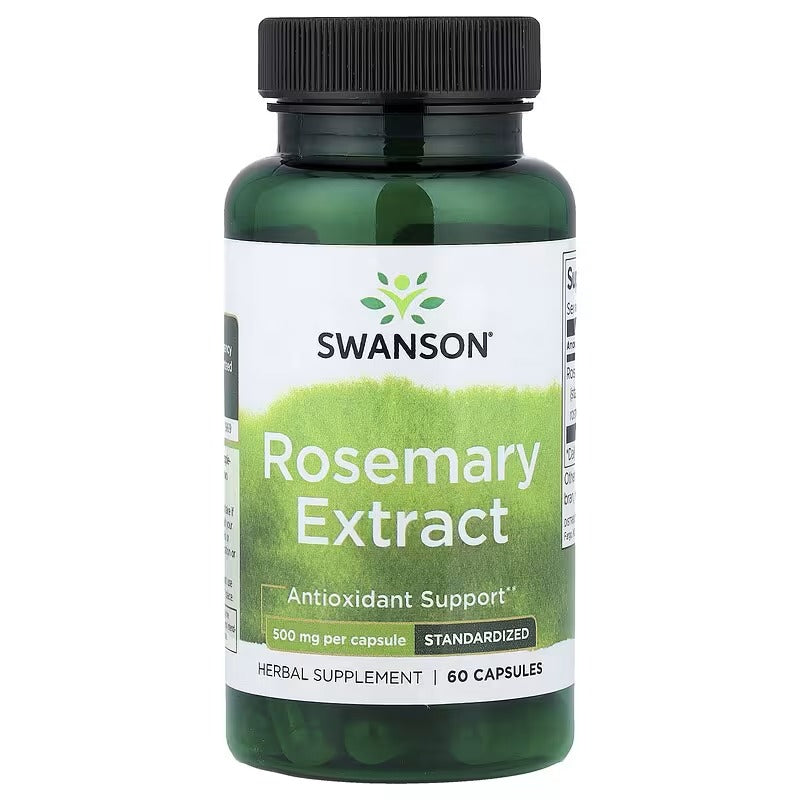 Swanson Rosemary Extract herbal supplement bottle, green glass, black cap, front label