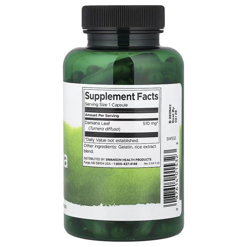 Swanson Damiana supplement bottle back label with Supplement Facts and barcode
