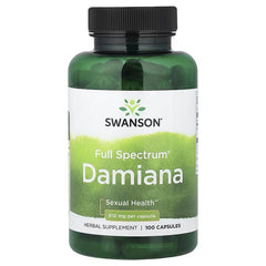 Swanson Full Spectrum Damiana supplement bottle with 100 herbal capsules, dark green