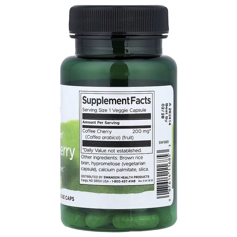 Dietary supplement bottle back label with Supplement Facts, black cap, green bottle.