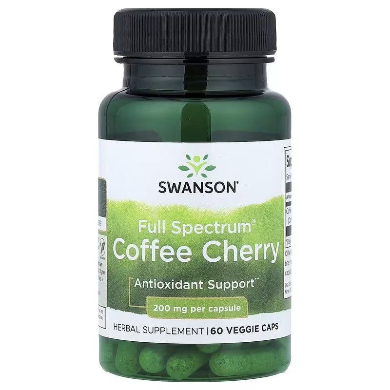 Dietary supplement bottle with black cap, Coffee Cherry Full Spectrum front label.