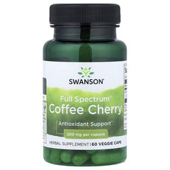 Dietary supplement bottle with black cap, Coffee Cherry Full Spectrum front label.