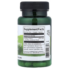 Dietary supplement bottle back label with Supplement Facts, black cap, green bottle.