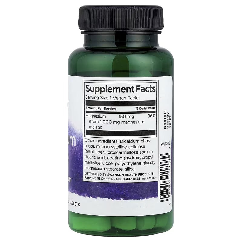 Magnesium Malate supplement bottle back with Supplement Facts panel and tablet servings