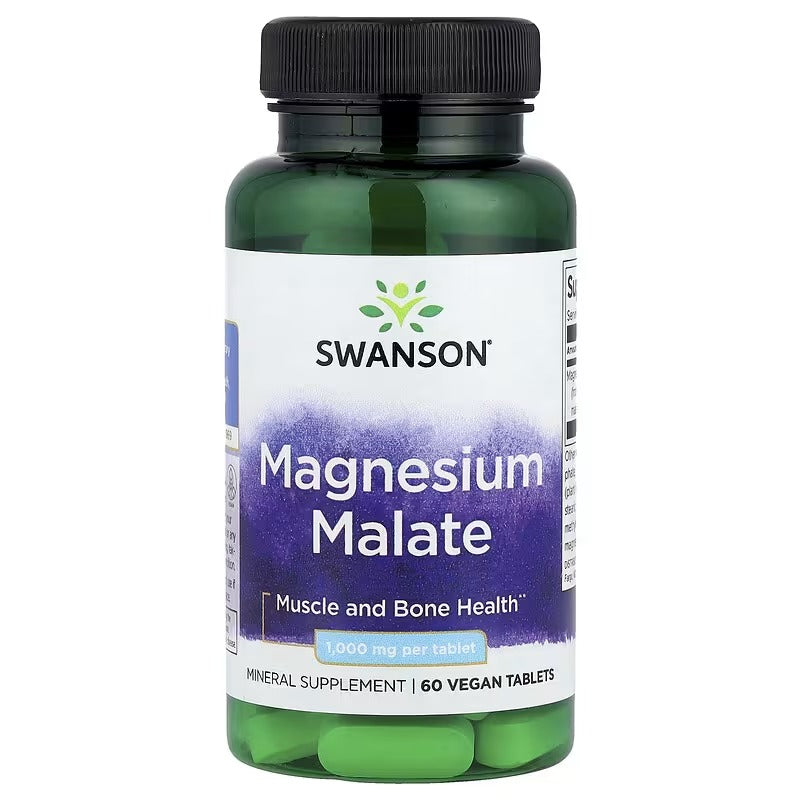 Magnesium Malate dietary supplement bottle with black cap, Swanson label and 60 vegan tablets