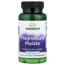 Magnesium Malate dietary supplement bottle with black cap, Swanson label and 60 vegan tablets