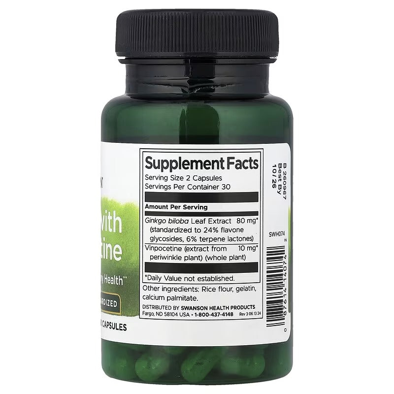 Swanson ginkgo herbal supplement bottle, Supplement Facts panel on back, green capsules