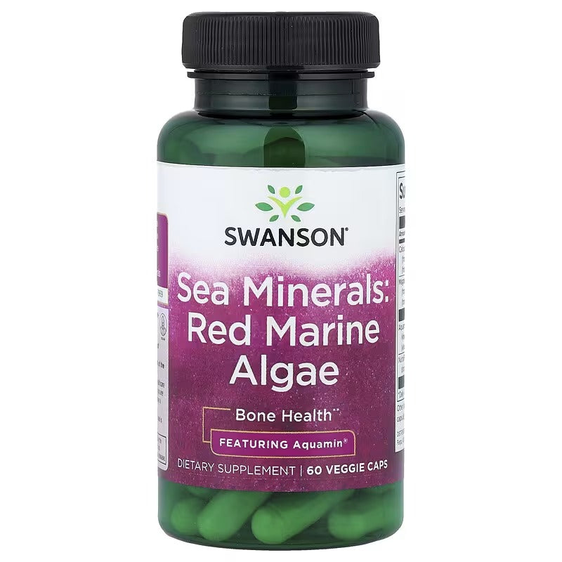 Swanson Sea Minerals red marine algae supplement bottle with dark cap and green capsules
