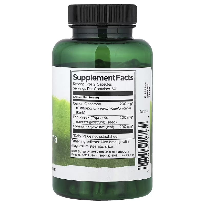 Swanson supplement facts label on back of Cinnamon, Fenugreek, Gymnema bottle