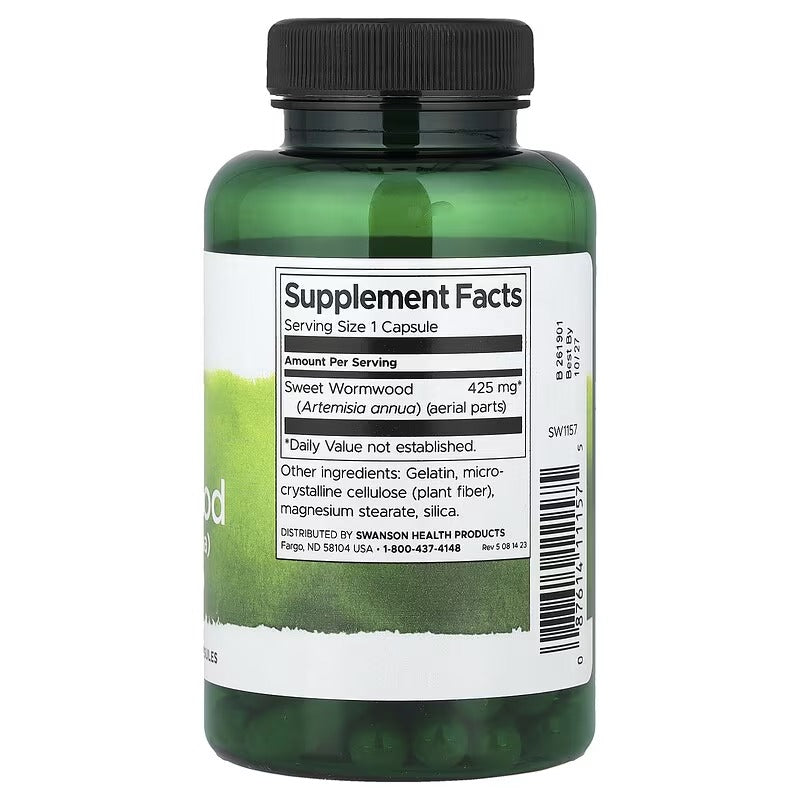 Herbal supplement bottle back label with Supplement Facts for Sweet Wormwood