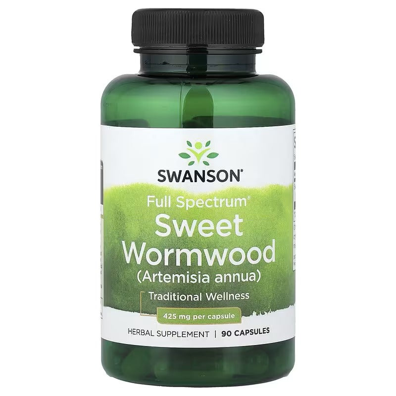 Herbal supplement bottle with Sweet Wormwood label, 425 mg and 90 capsules