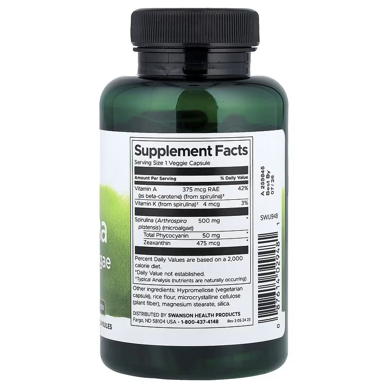 Swanson spirulina supplement bottle back label with Supplement Facts and 90 capsules