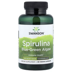 Swanson spirulina supplement bottle with black cap, blue-green algae label