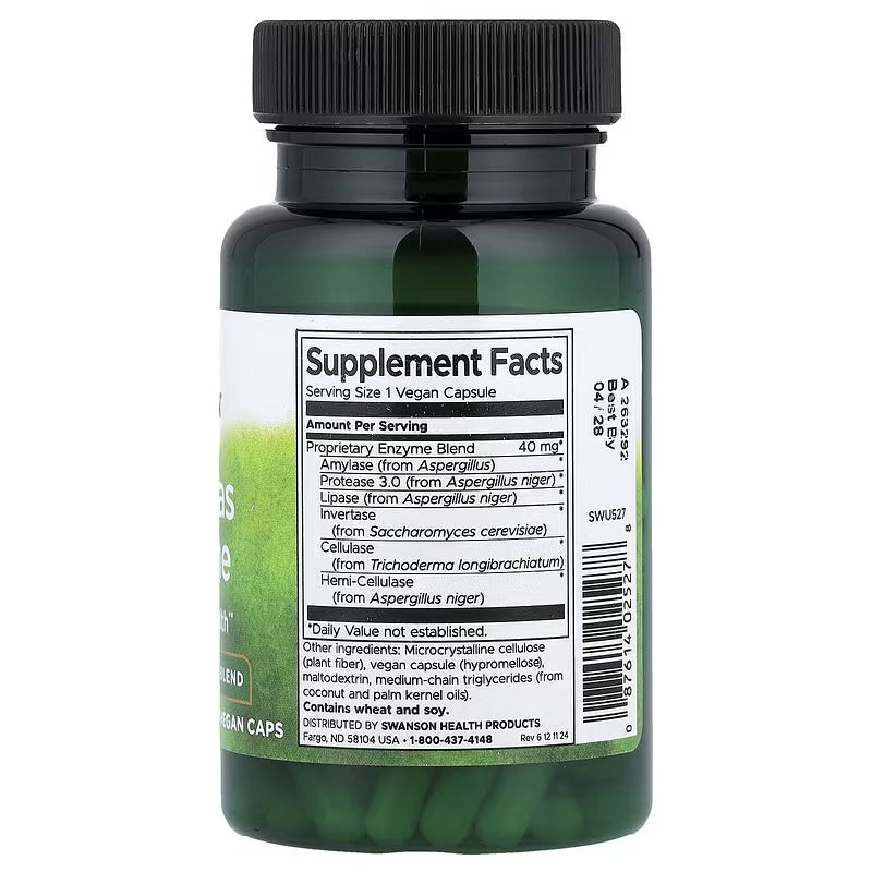 Swanson Anti-Gas Enzyme Supplement Facts label on vegan capsule bottle