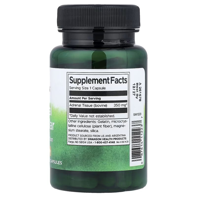 Swanson Adrenal Glandular bottle with Supplement Facts panel and barcode