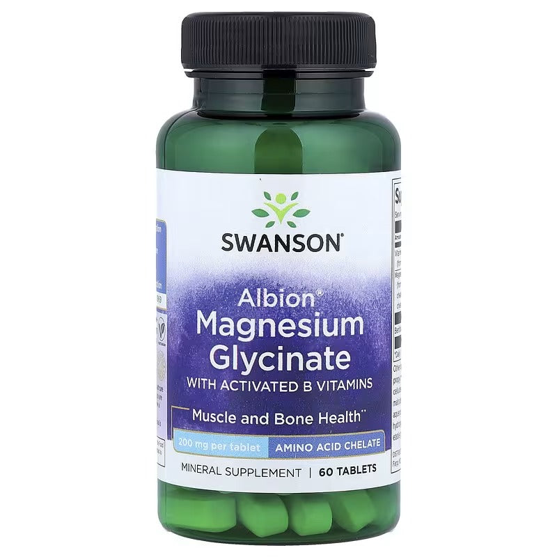 Swanson Albion magnesium glycinate supplement bottle with activated B vitamins, green tablets