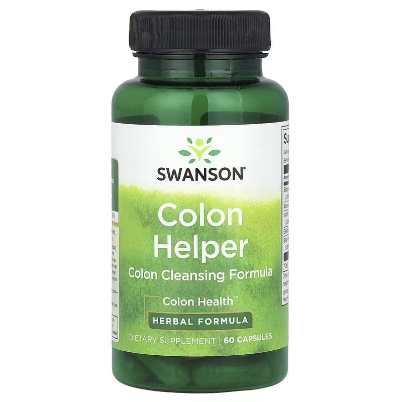 Swanson Colon Helper herbal supplement bottle, black cap, green label, 60 capsules