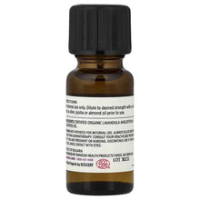 Swanson certified organic lavender essential oil bottle with back label directions, black cap
