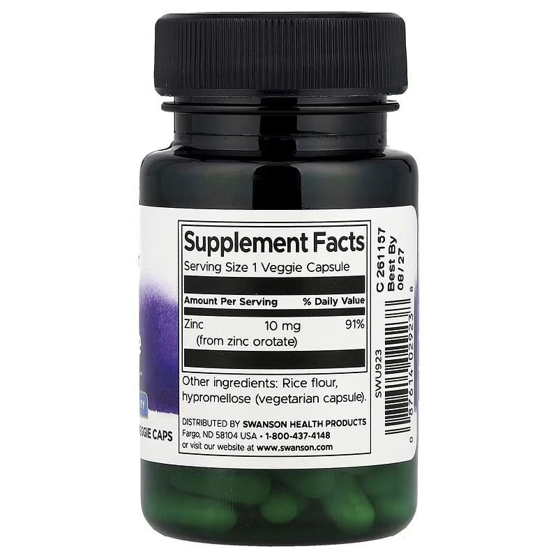 Swanson Zinc Orotate supplement facts label on bottle with black cap and veggie caps