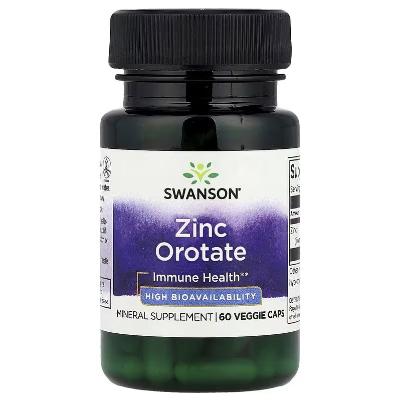 Swanson Zinc Orotate mineral supplement bottle, 60 veggie caps, black cap