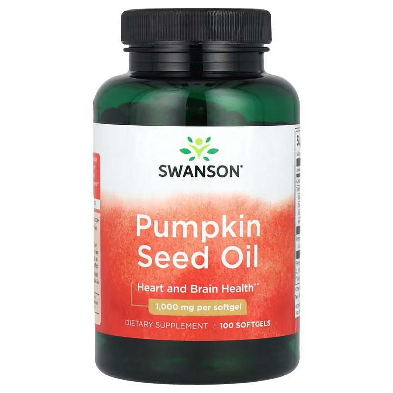 Swanson Pumpkin Seed Oil softgel bottle with black cap and orange label
