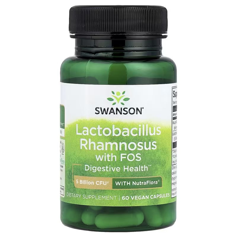 Vegan probiotic supplement bottle with green capsules and Lactobacillus Rhamnosus label