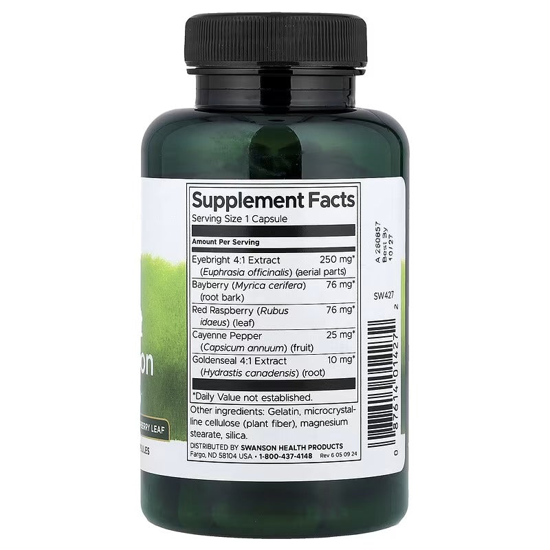 Dark green supplement bottle with black cap, back label with Supplement Facts panel.