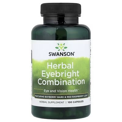 Dark green herbal eyebright supplement bottle with black ribbed cap, front label.