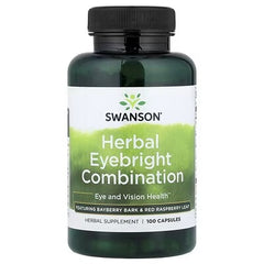 Dark green herbal eyebright supplement bottle with black ribbed cap, front label.
