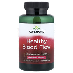 Swanson Healthy Blood Flow dietary supplement bottle, black cap, green/red label