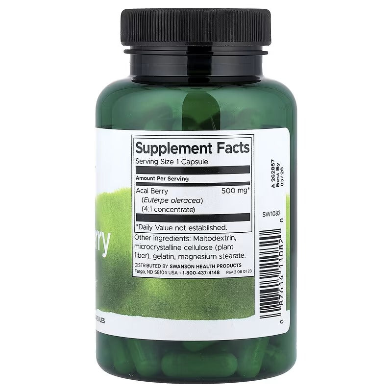 Swanson Açaí Berry 500 mg supplement bottle, 120 capsules, green capsule bottle